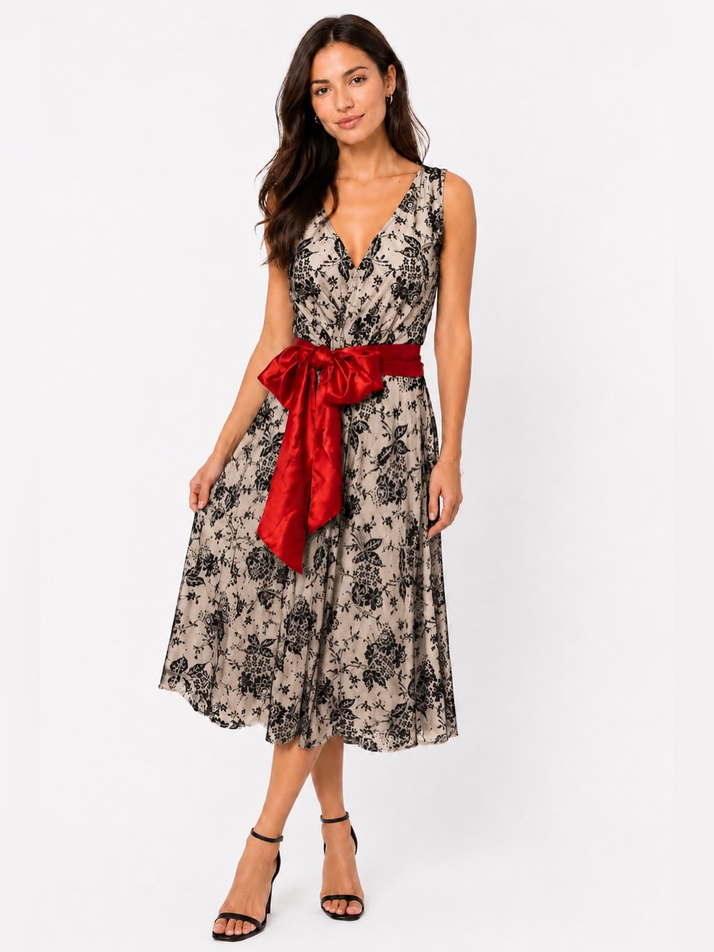 Anne Hung Lace Formal Dress with Red Satin Sash